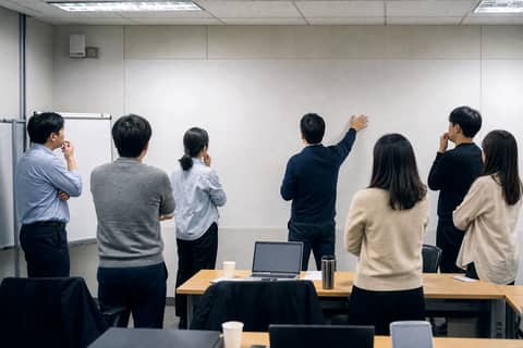 사내 교육 공간에서 협업 보드를 보며 토론하는 직장인들