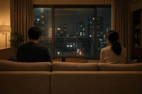 밤, 아파트 야경이 보이는 거실 소파에 떨어져 앉은 부부